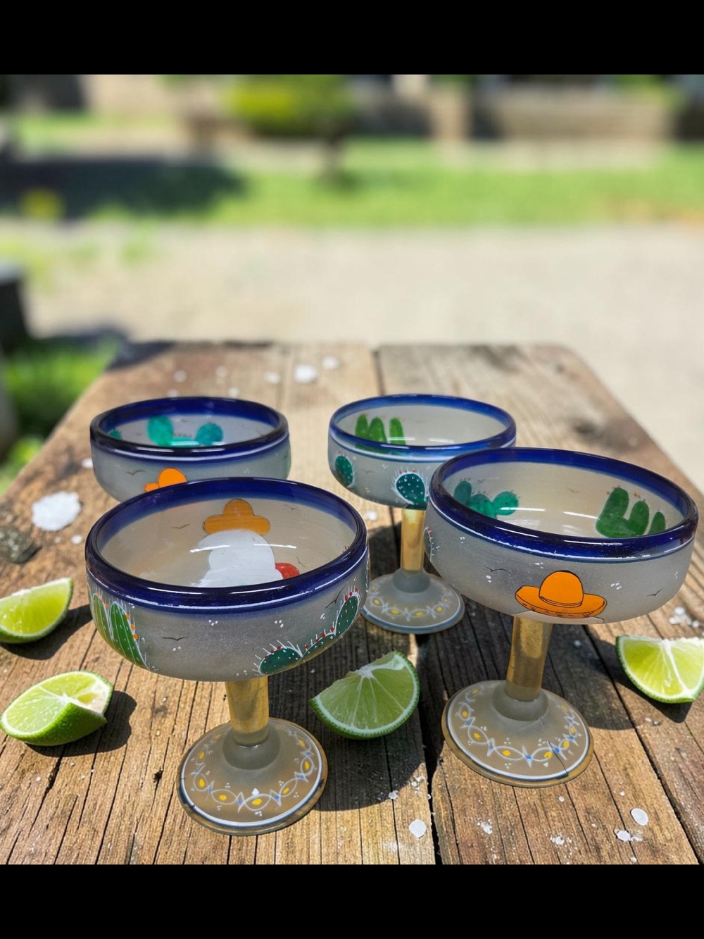 Hand-Painted Blue Rim Margarita Glasses with Cactus Motif - Set of 4